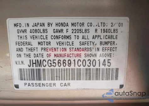 2001 Honda Accord 2.3 Ex из США, поврежденный, VIN JHMCG56691C030145